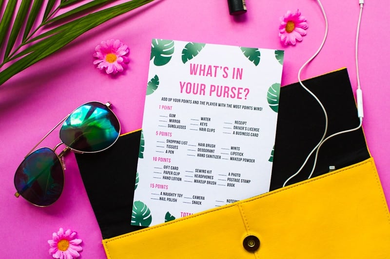 Whats in your purse bag bridal shower game bachelorette party tropical theme games pack palm pink green 9