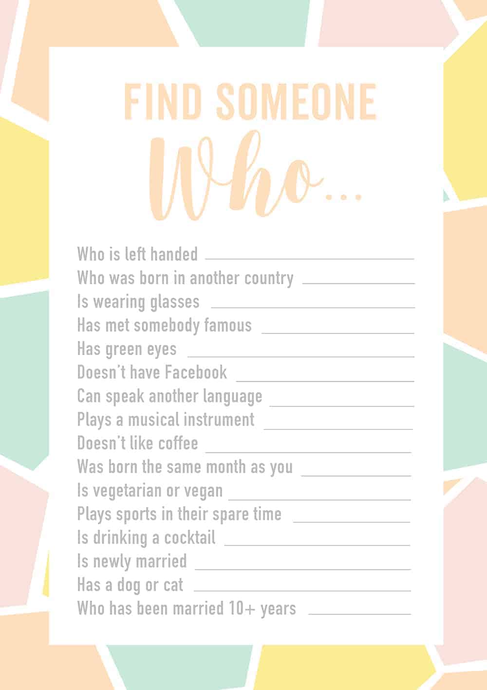 free printable engagement party or wedding ice breaker game find the guest bingo bespoke bride wedding blog