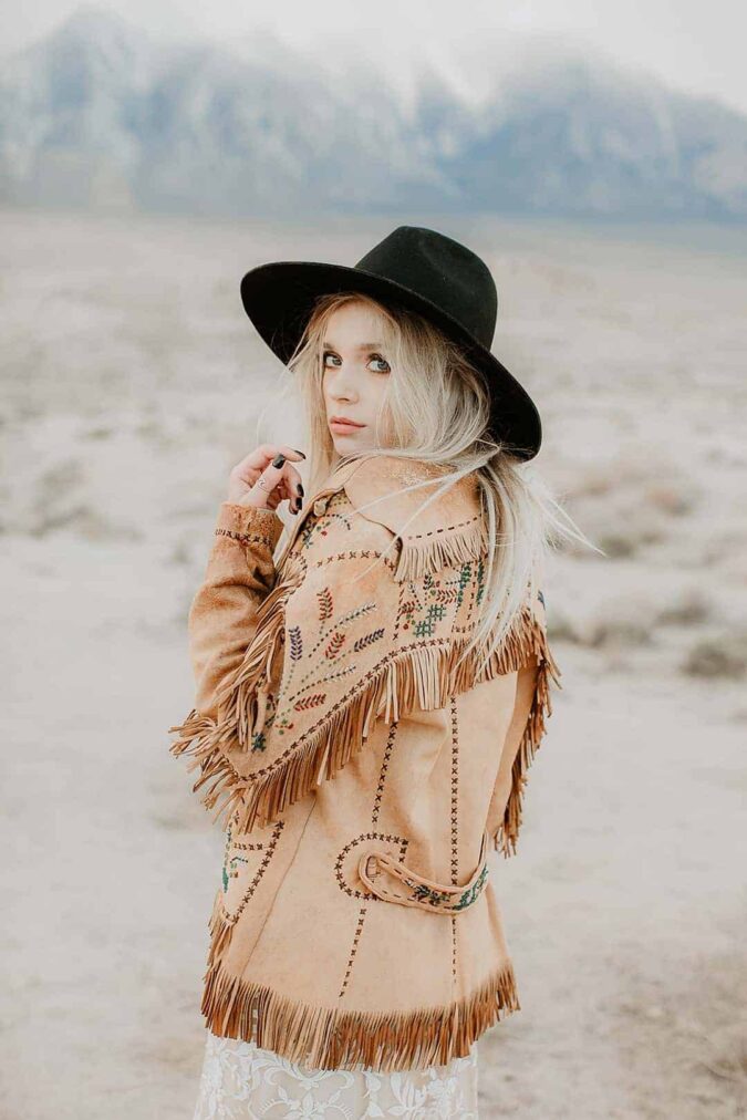 BOHO -CALIFORNIA DESERT WEDDING INSPIRATION -BOHO LACE DRESS- FRINGE JACKET