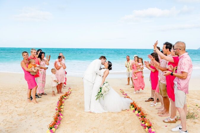 Tropical Beach wedding at Waimanalo beach in Honolulu Hawaii